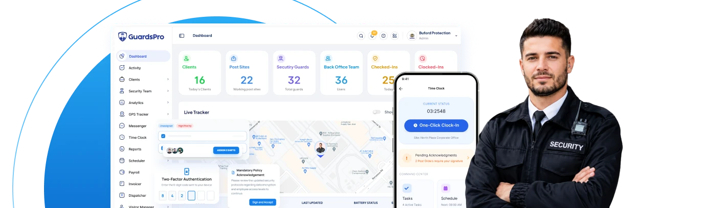 GuardsPro dashboard, mobile app and a security guard