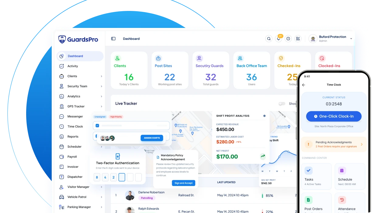 GuardsPro dashboard and mobile app