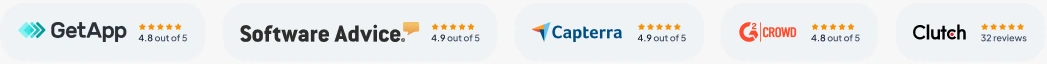 GetApp 4.8, Software Advice 4.9, Capterra 4.9, G2 Crowd 4.8, Clutch 32 reviews