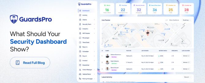 Security companies manage multiple sites, guards, schedules, patrols, incidents, and client requirements at the same time. The challenge is not simply collecting all this information. It is knowing what is happening right now and identifying issues before they affect service delivery. That is where a security operations dashboard becomes valuable. A centralized dashboard gives security managers a real-time view of their workforce and field operations. Instead of switching between spreadsheets, phone calls, messaging apps, and separate systems, teams can monitor critical operational information from one place. But what exactly should a security operations dashboard show? From guard attendance and GPS locations to schedules, incidents, and reports, the right information can help managers respond faster and maintain better control over daily security operations. What Is a Security Operations Dashboard? A security operations dashboard is a centralized interface that brings together important information about a security company's workforce and field activities. It can provide managers with visibility into areas such as: Guard attendance and time logs Guard locations and GPS activity Site assignments and schedules Patrols and site tours Incidents and security reports Tasks and operational activities Communication between office teams and guards Workforce performance and KPIs Unlike static reports that show what happened in the past, a well-designed security management dashboard helps managers understand current activity and take action when something needs attention. The goal is not to display every available data point. The goal is to put the information managers need most in front of them at the right time. 8 Things to Monitor on a Security Operations Dashboard A dashboard should focus on information that helps managers make operational decisions. Here are eight areas worth monitoring in real time. 1. Guard Attendance and Time Logs Knowing whether guards have arrived at their assigned sites is one of the most important parts of workforce management. A security guard dashboard should provide visibility into attendance and time activity, including: Guards who have clocked in Guards who have not yet clocked in Clock-in and clock-out times Late arrivals Early departures Active shifts Time logged at individual sites This gives managers an immediate understanding of workforce coverage. For example, if a guard is scheduled to start at 8:00 AM but has not clocked in by 8:15, the operations team can investigate instead of discovering the missed shift hours later. With GuardsPro, managers can monitor guard time logs and attendance from the Operations Dashboard, giving back-office teams a clearer view of workforce activity across their sites. 2. GPS Location and Guard Movement For mobile security teams, knowing where guards are can be just as important as knowing whether they are working. GPS tracking can provide visibility into guard locations and movement during active assignments. A dashboard can help managers monitor: Current guard locations Assigned sites Movement between locations Location history Geofence activity Time spent at designated areas This is particularly useful for mobile patrol teams and organizations responsible for multiple geographically distributed sites. For example, if a guard is expected to remain within a designated site area but their location indicates otherwise, the operations team can investigate the situation quickly. GuardsPro's GPS tracking gives managers visibility into guard locations and field activity, helping them understand where their workforce is and maintain better oversight of mobile operations. 3. Schedules and Shift Coverage A security company can have the right number of guards and still experience coverage problems if those guards are not assigned correctly. A security operations dashboard should make it easy to see scheduled shifts and identify potential gaps. Managers should be able to monitor: Upcoming shifts Active shifts Assigned guards Open shifts Shift coverage Schedule conflicts Changes to assignments This is especially important when managing multiple client locations. If a guard calls out unexpectedly, managers need to know which site is affected and whether another guard can be assigned. Having schedule information alongside other operational data makes that decision easier. With GuardsPro’s Scheduler, security companies can manage schedules and workforce assignments while maintaining visibility into daily coverage. 4. Site Tours and Patrol Activity Patrols and site tours are often essential parts of security service delivery. Simply assigning a patrol is not enough. Managers need to know whether it actually happened and whether guards completed the required checkpoints or tasks. A dashboard can provide visibility into: Scheduled site tours Active tours Completed tours Missed tours Checkpoint activity Tour completion times Patrol-related exceptions This allows operations teams to identify incomplete activities while there is still time to respond. For example, a missed checkpoint during an overnight patrol can be investigated immediately rather than being discovered during a review the following morning. GuardsPro Site Tours gives security teams a way to manage and monitor patrol activities, helping managers maintain visibility into field activity across client sites. 5. Incidents and Critical Events Incident information deserves a prominent place on any security management dashboard. Managers need to quickly understand when something happens, where it happened, and whether action is required. Useful incident information can include: New incidents Incident type Site or location Reporting guard Date and time Incident status Supporting photos or attachments Follow-up requirements A real-time view of incidents helps operations teams prioritize their response. Instead of searching through individual reports or messages, managers can quickly identify new events and determine which ones require immediate attention. GuardsPro brings reporting into the broader security operations workflow, allowing managers to access incident information alongside other workforce and site activity. 6. Reports and Field Activity Security guards generate a large amount of information during their shifts, including hourly reports, activity reports, incident reports, pass-downs, and other site documentation. A security operations dashboard can bring this activity into one view. Managers can monitor: Recently submitted reports Missing reports Reports requiring review Activity by site Activity by guard Report trends Outstanding follow-ups This helps bridge the gap between what happens in the field and what the back office can see. It also makes it easier for managers to identify sites where reporting activity appears lower than expected or where additional follow-up may be needed. GuardsPro's reporting capabilities help security companies centralize field reports and give managers access to operational information without having to manually collect updates from individual guards. 7. Tasks and Operational Activities Security operations involve more than shifts and patrols. Guards may have specific tasks to complete during their assignments, while office teams may need to follow up on requests, incidents, or site activities. A dashboard can provide visibility into: Assigned tasks Completed tasks Pending tasks Overdue activities Site-specific requirements Guard-specific assignments When tasks are centralized, managers can see what needs attention without relying on separate spreadsheets or conversations. This becomes particularly useful for companies managing complex client requirements across multiple locations. By connecting workforce and field activities, GuardsPro helps teams manage these workflows within a single security operations environment. 8. KPIs and Operational Trends Real-time monitoring tells managers what is happening now. Historical data helps them understand whether operational performance is improving or declining. A strong security workforce dashboard should therefore combine live operational information with relevant performance indicators. Depending on the organization's priorities, KPIs may include: Attendance rates Late arrivals Shift coverage Patrol completion Site tour completion Incident volume Report submission rates Guard activity Site performance These metrics can help managers identify recurring problems. For example, one missed patrol may be an isolated event. Repeated missed patrols at the same site may indicate a scheduling, staffing, training, or process issue. GuardsPro provides operational reporting and KPI visibility that can help security companies move beyond individual events and identify broader workforce and site performance trends. What Should a Security Operations Dashboard Look Like? A dashboard should not overwhelm managers with information. The most useful dashboards prioritize information according to operational urgency. A practical layout could include: Top-Level Overview Start with high-level metrics that answer immediate questions: How many guards are currently active? How many shifts are covered? Are there attendance issues? How many incidents are open? How many patrols are active or completed? Real-Time Operations Next, provide live operational visibility such as: Guard locations Active shifts Current site activity Ongoing patrols New incidents Alerts and Exceptions Managers should be able to quickly identify situations requiring attention, such as: Missing clock-ins Missed patrols Open incidents Schedule gaps Geofence exceptions Overdue tasks Detailed Data Finally, managers should be able to drill into individual guards, sites, shifts, reports, and incidents when they need more context. This creates a simple flow: Overview → Identify an issue → Investigate → Take action That is more useful than simply displaying a large collection of charts. Why Real-Time Visibility Matters for Security Operations Security operations can change quickly. A guard may be late for a shift. A scheduled patrol may not have started. An incident may require immediate attention. A guard may leave a designated area, or a site may suddenly need additional coverage. Without real-time visibility, managers may only discover these issues after a client reports them or after reviewing end-of-shift information. A security operations dashboard gives teams an opportunity to identify these issues while there is still time to respond. For example, if a scheduled guard has not clocked in, a manager can investigate the missing attendance and arrange coverage if necessary. Similarly, if a required site tour has not been completed or a new incident has been submitted, the operations team can prioritize it without waiting for a later review. For security companies managing dozens or hundreds of guards, this visibility becomes increasingly important as the workforce and number of client sites grow. How GuardsPro Brings Security Operations Into One View Managing security operations requires more than monitoring one metric. Attendance, schedules, GPS tracking, site tours, incidents, reports, and workforce activity are all connected. When these workflows are managed separately, managers may have to piece together information to understand what is actually happening. GuardsPro brings these workflows together through a centralized platform designed for security companies. Through the GuardsPro Operations Dashboard, teams can access important operational information while using connected tools for: Guard management GPS tracking Time logs Scheduling Site tours Reporting Incident management Workforce KPIs This connected approach helps reduce the need to manually gather information from different systems and gives managers a more complete view of their security operations. The Goal Is Better Operational Awareness A security operations dashboard is more than a collection of charts and numbers. Its real purpose is to give security managers a clear answer to a simple question: What is happening across my security operations right now? The most valuable dashboards bring together the information that directly affects service delivery, including guard attendance, GPS locations, schedules, patrols, incidents, reports, tasks, and workforce performance. When this information is centralized and updated in real time, managers can identify exceptions earlier, respond faster, and maintain better visibility across their sites. For growing security companies, combining real-time monitoring with guard management software can provide the operational visibility needed to manage a distributed workforce more effectively. GuardsPro brings these capabilities together in one platform, helping security companies connect their workforce, sites, and daily operations through a centralized operational view. Want to give GuardsPro a try? Start your free 30-day trial of GuardsPro today and experience how smarter systems simplify multi-site security. Sign up within 15 days to unlock an exclusive 15% discount on your subscription. Learn more about GuardsPro. Explore how GuardsPro helps security companies simplify operations, improve accountability, and manage every site from one platform. Prefer a walkthrough? Book a live demo and explore how GuardsPro helps you manage scheduling, reporting, and operations across all your sites. Have questions or feedback? Get in touch anytime; we’re here to help, and your input helps us keep improving for teams like yours. Frequently Asked Questions What is a security operations dashboard? A security operations dashboard is a centralized interface that provides visibility into key security workforce and field activities, such as guard attendance, GPS locations, schedules, patrols, incidents, reports, and tasks. What should a security operations dashboard monitor? A dashboard should monitor the information most relevant to daily security operations. This can include guard attendance, GPS tracking, shift coverage, site tours, patrol activity, incidents, reports, tasks, and workforce KPIs. Why is real-time monitoring important for security companies? Real-time monitoring helps security managers identify operational issues earlier. For example, managers can identify missed clock-ins, incomplete patrols, or new incidents while there is still an opportunity to respond. What is the difference between a security guard dashboard and a security operations dashboard? A security guard dashboard may focus primarily on guard-related information such as schedules, attendance, locations, and activity. A broader security operations dashboard can combine guard information with site activity, incidents, reports, tasks, and other operational data. Can a security operations dashboard track GPS locations? Yes. Security platforms with GPS tracking can provide visibility into guard locations and movement, depending on the features and permissions available in the system. How does a dashboard improve security workforce management? A dashboard centralizes workforce information and makes operational exceptions easier to identify. This can help managers monitor attendance, schedules, site coverage, patrols, and field activity more efficiently.