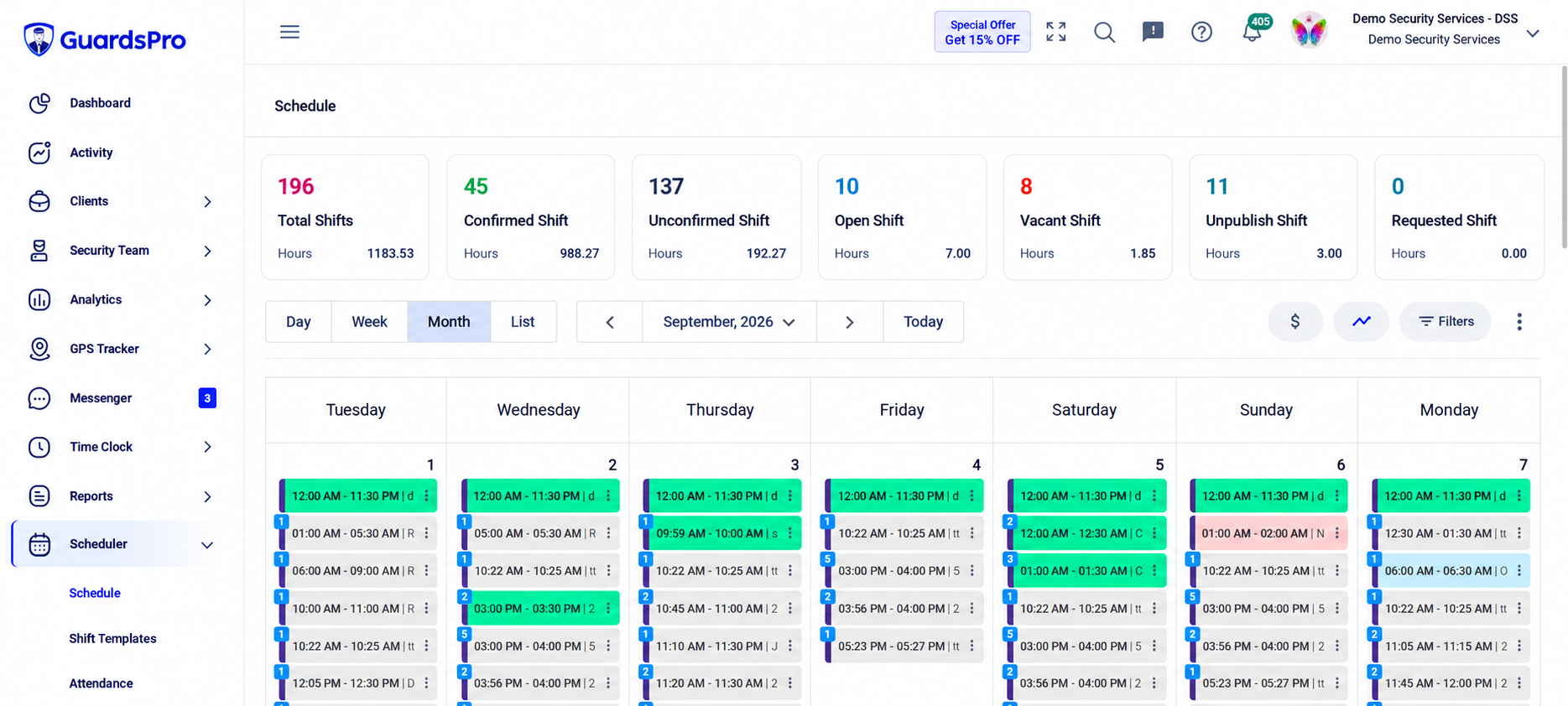 GuardsPro Schedule Dashboard, September 2026