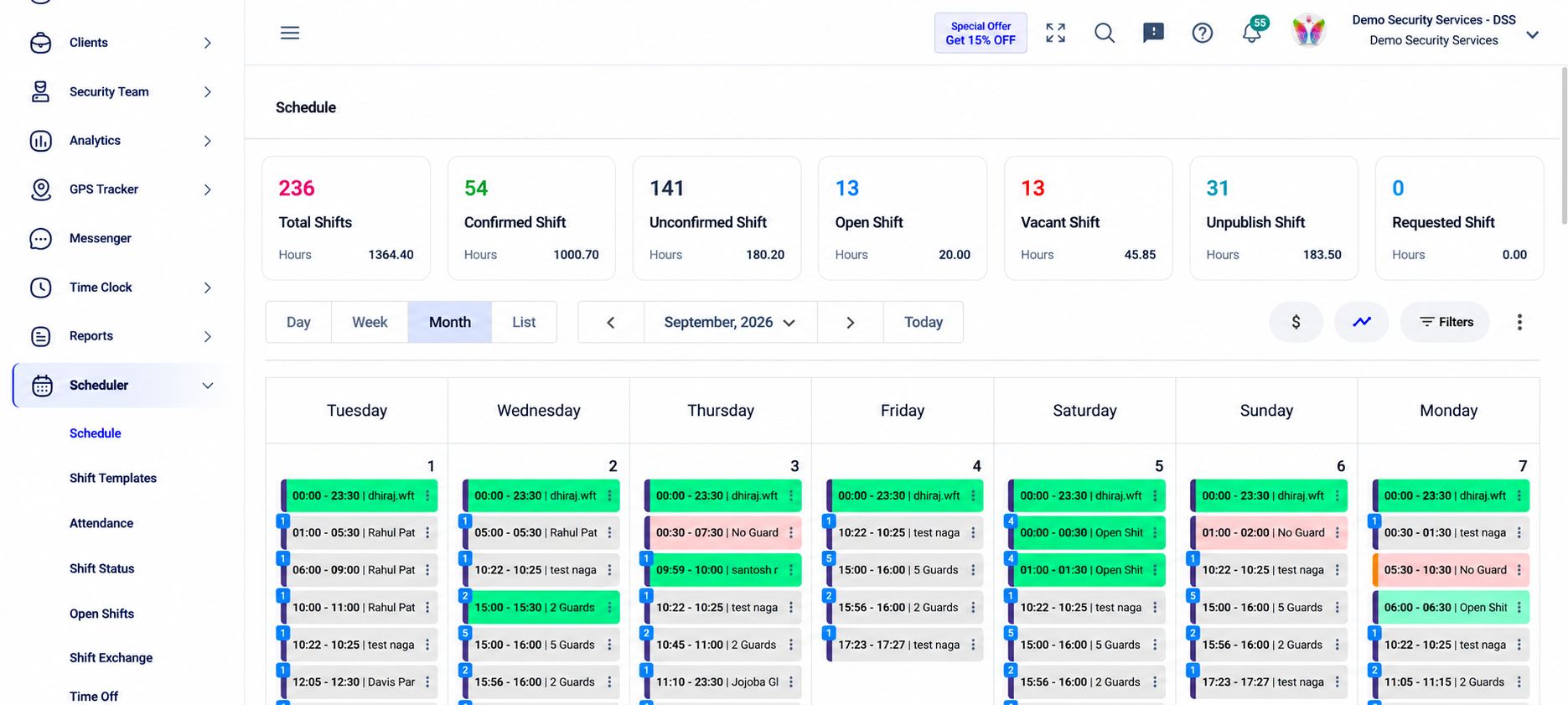 GuardsPro Scheduler September 2026 Calendar