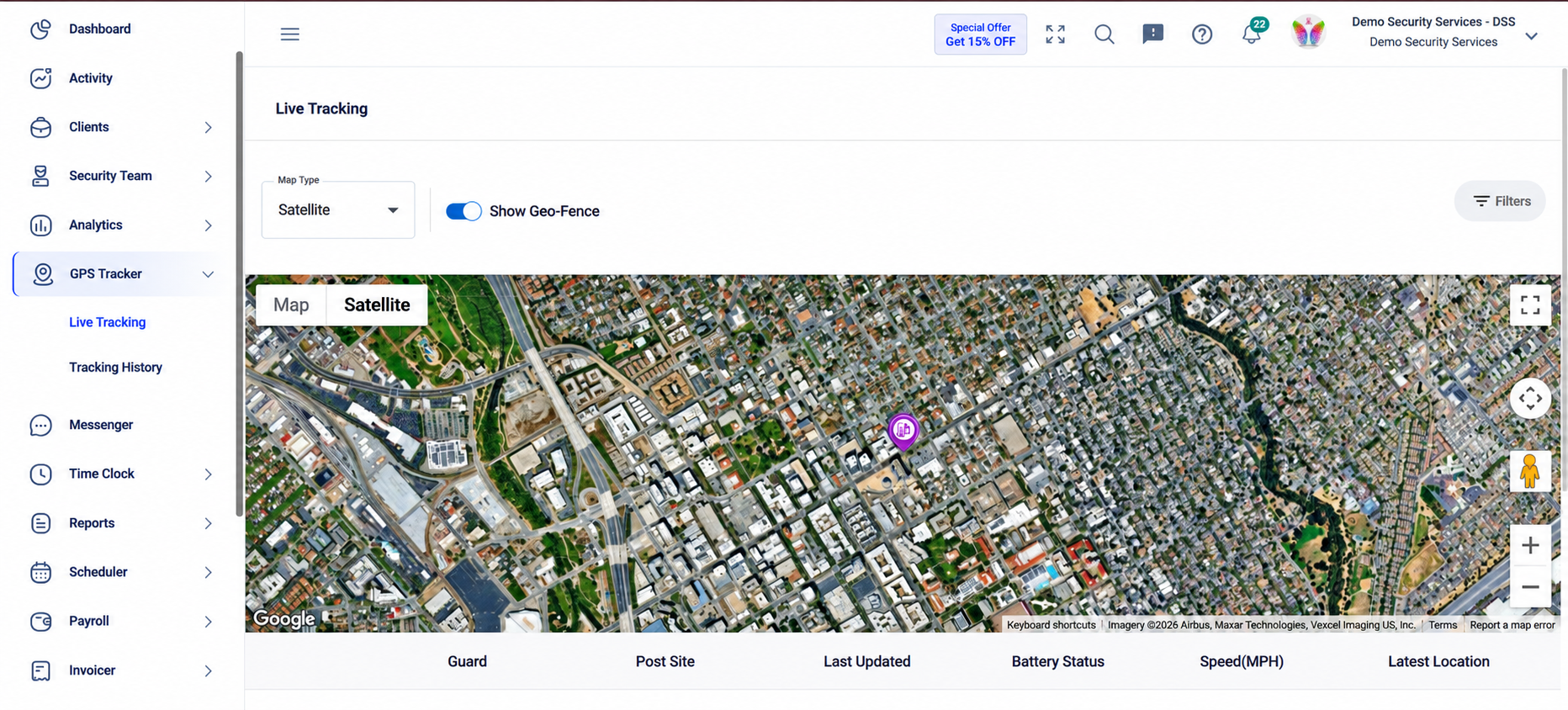 GuardsPro live tracking dashboard screenshot