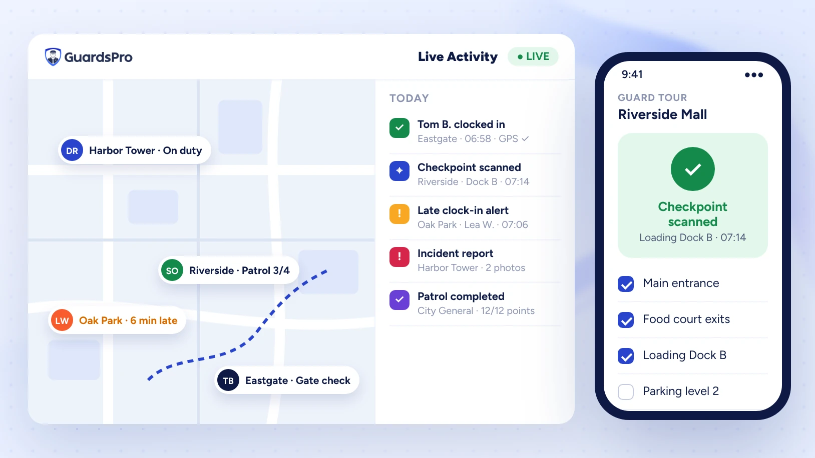 GuardsPro live activity feed and map showing guard check-ins, checkpoint scans and patrol status across sites